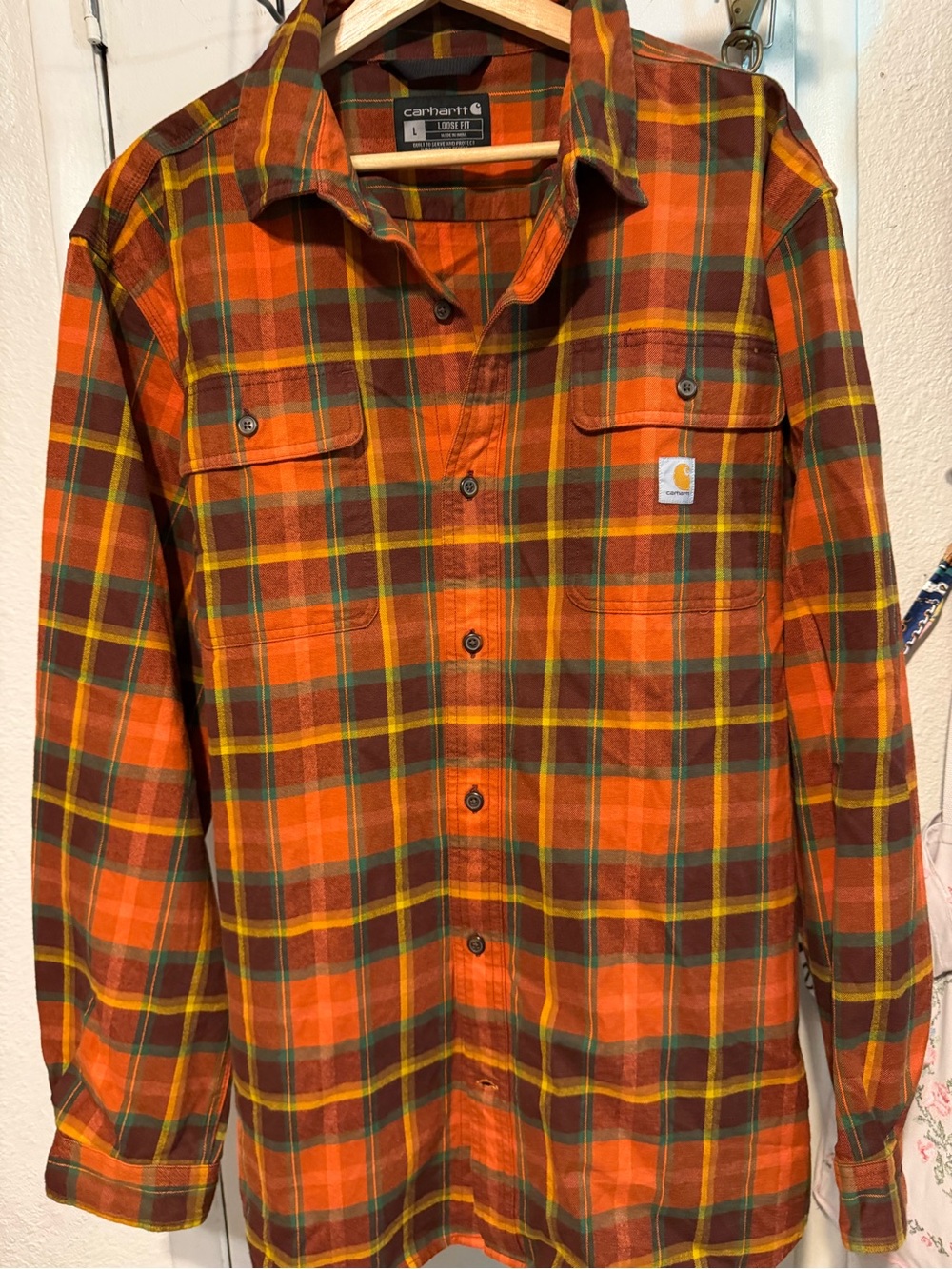 Carhartt Flannel Shirt Mens Large Orange Plaid Loose Fit Cotton Workwear